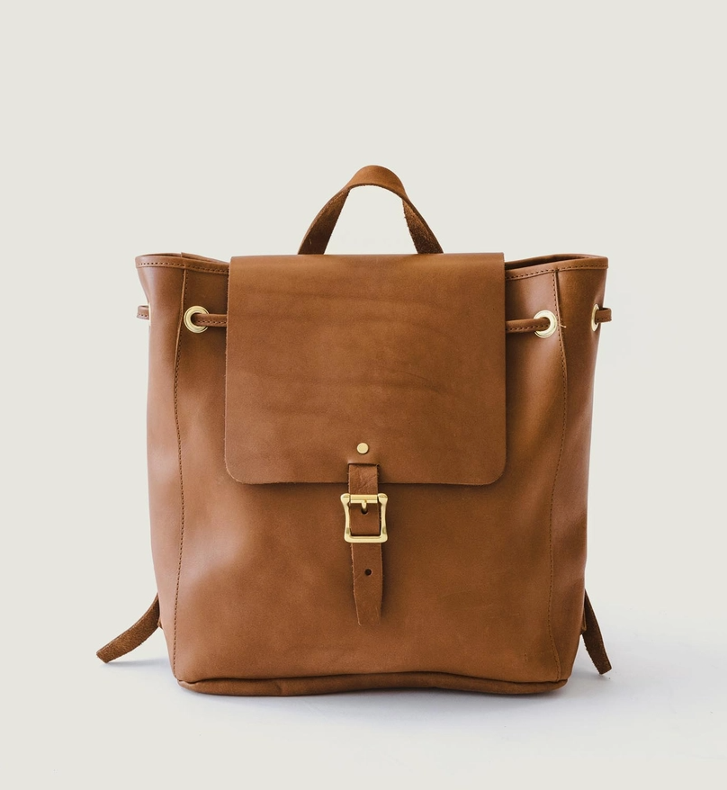leather drawstring backpack, tan | Few of a Kind Vintage +  display picture 3